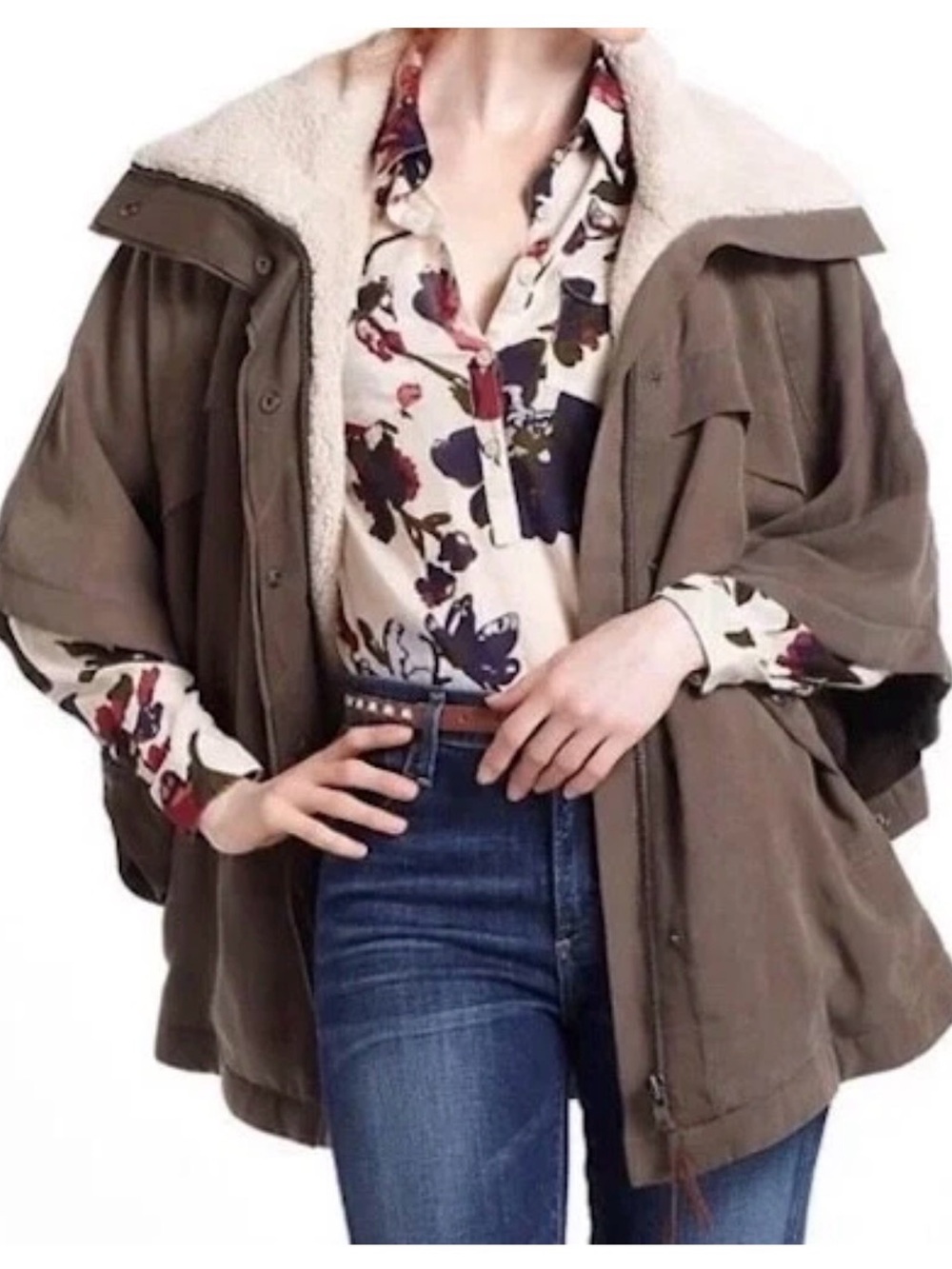 Left on Houston Anthropologie taupe sherpa-lined jacket/cape